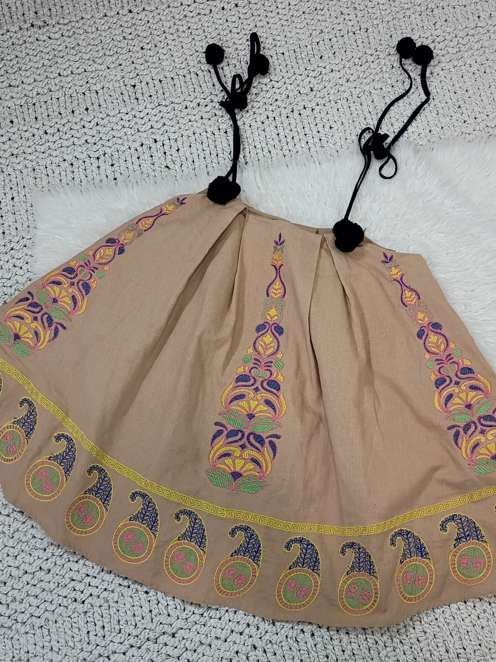 Endless Rose Embroidered Tan Shift Top With Pom Pom Shoulder Ties - Picture 8 of 8